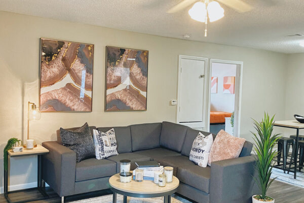 Model living room with overhead fan, sofa, table, plants, artwork on the wall - University Trails Prairie View Student Housing